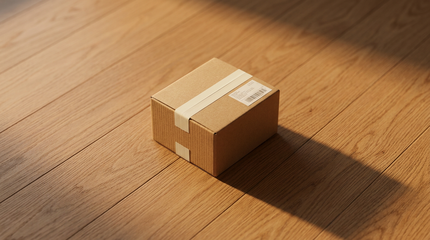 A small contemporary corrugated cardboard shipping box sealed with cream packing tape, resting on a warm oak hardwood floor in warm morning light — the daily bottle arriving at your door.