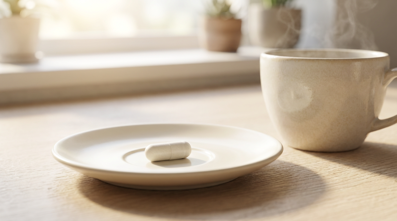 A single matte-white capsule on a cream porcelain saucer next to a ceramic coffee cup with gentle steam, in bright morning window light — the once-a-day ritual.