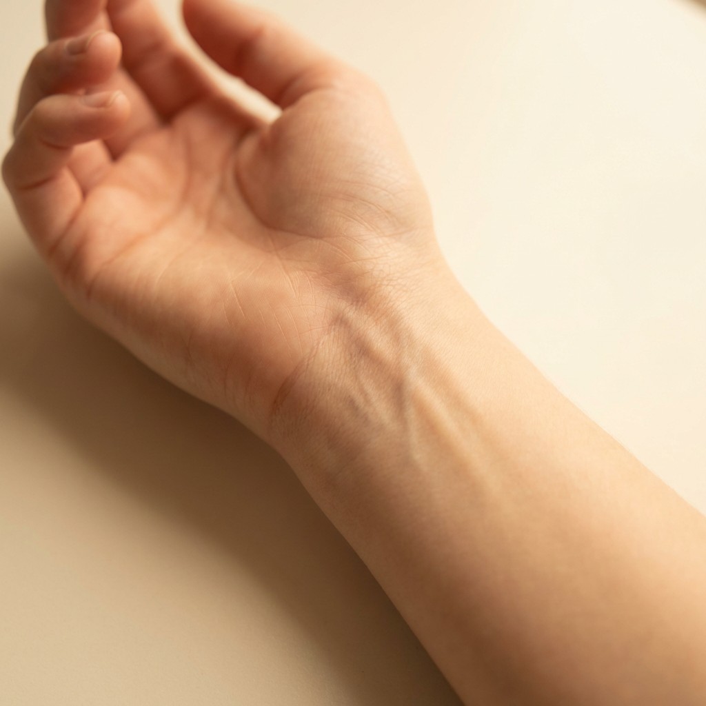 Macro close-up of a young healthy adult's inner wrist and forearm at rest on a warm cream background, natural subcutaneous veins softly visible beneath translucent skin under warm directional light — a body-forward photographic metaphor for circulation and blood flow.