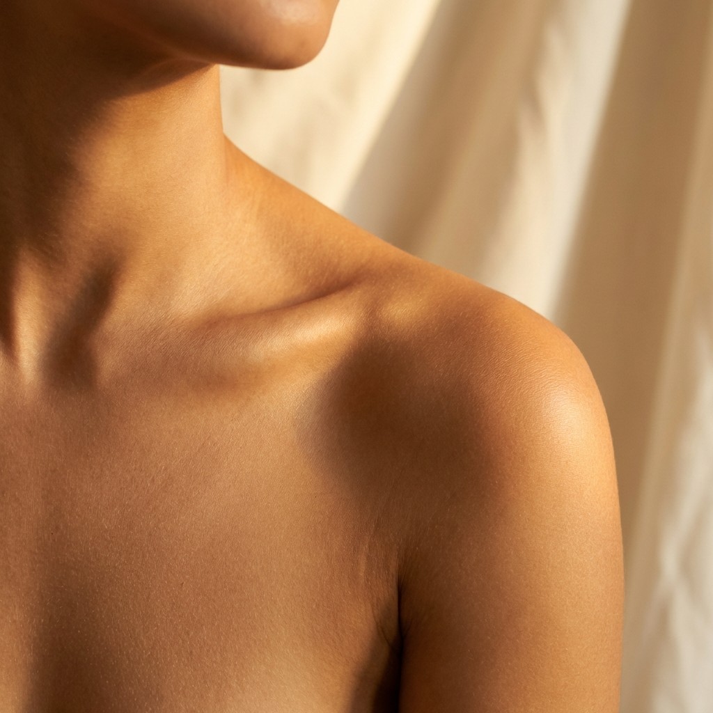 Editorial macro close-up of a healthy young adult's collarbone and bare shoulder in warm directional side light, a soft golden sheen catching the rise of the collarbone against a warm cream backdrop — a body-forward photographic metaphor for cellular energy and NAD+ vitality.