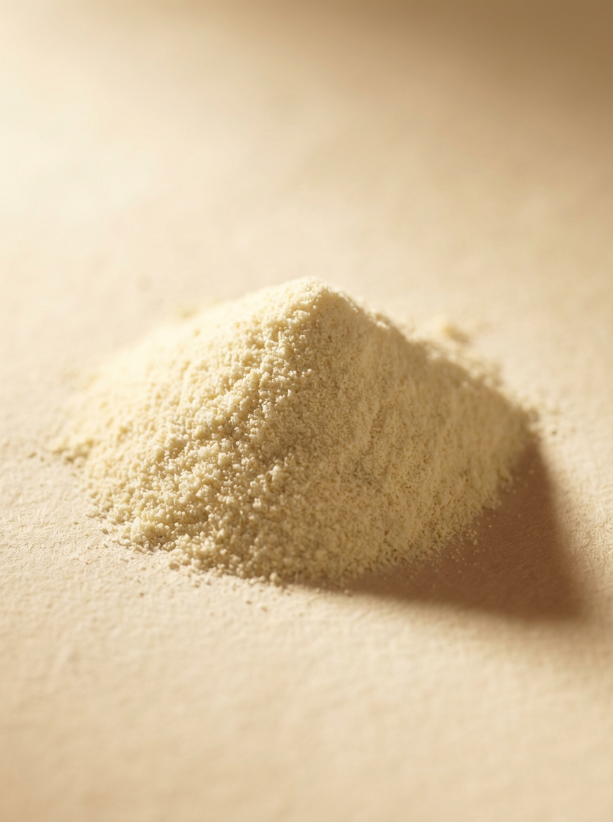 A small, deliberately placed pyramidal heap of pale cream-yellow niacin powder — the raw active compound — presented on a warm neutral cream surface under soft directional editorial light, the single molecule the entire Health Defender line is built around.