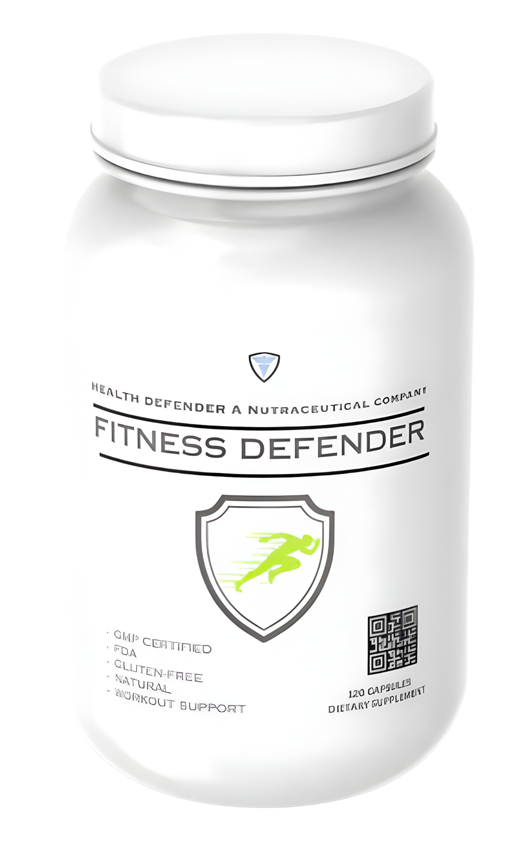 Fitness Defender — a pristine matte-white supplement bottle with the Health Defender wordmark, the lime-green running-figure shield emblem, and certification marks on a clean paper label, shown on a transparent background so the product reads cleanly against the page.