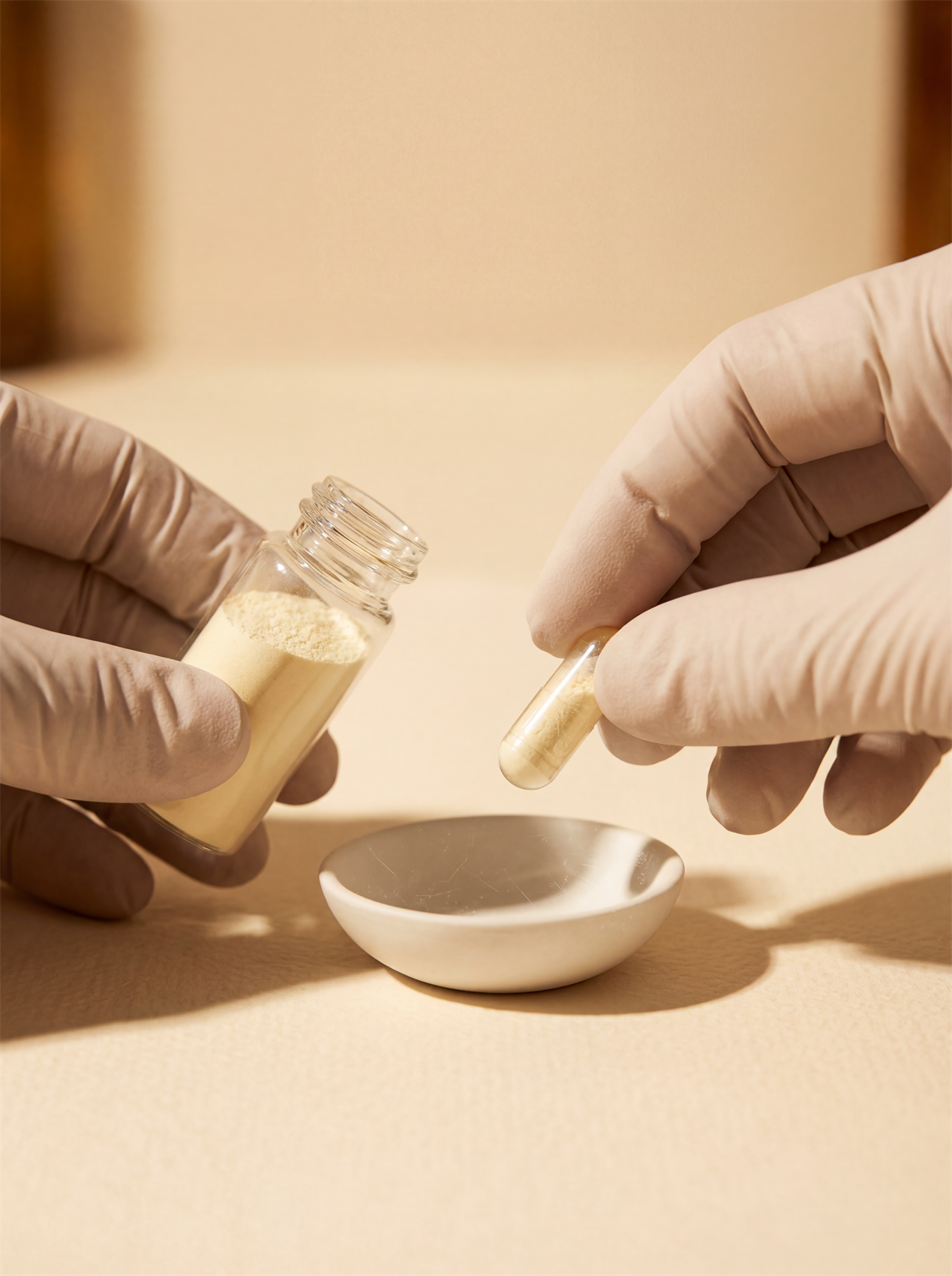 Editorial macro close-up of two nitrile-gloved hands at work on a warm cream surface: the left hand holds a small clear glass vial of pale cream-yellow niacin powder, the right hand angles a single clear capsule above a small white ceramic weigh-dish in the center of the frame — the quiet, precise work of physician-led formulation.