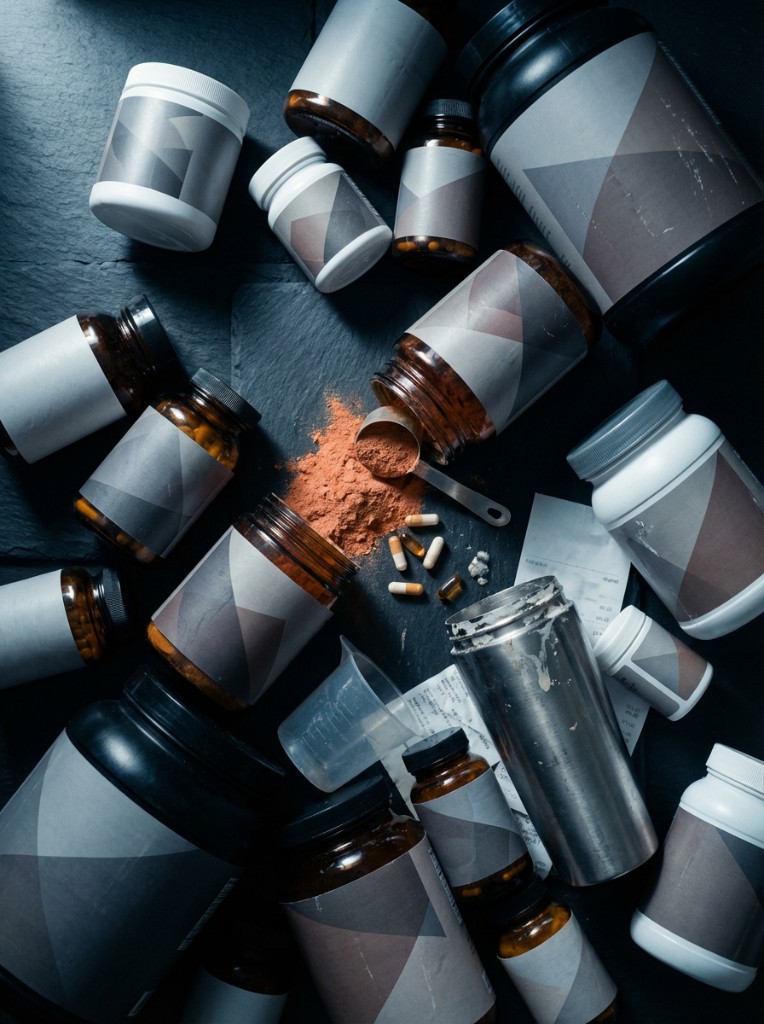 Overhead view of a cluttered collection of supplement bottles, pill jars, scoops and scattered capsules on a dark slate surface. At the center, a metal scoop spills deep rust-red powder — suggesting an expensive, duplicative stack that still isn't working.